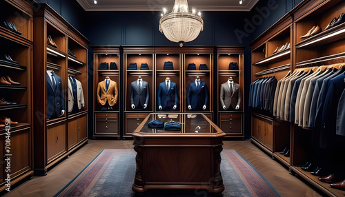 Photo of an antique interior of a boutique shop with a luxury men's wardrobe filled with expensive suits, shoes and other clothing photo