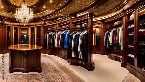 Photo of an antique interior of a boutique shop with a luxury men s wardrobe filled with expensive suits  shoes and other clothing