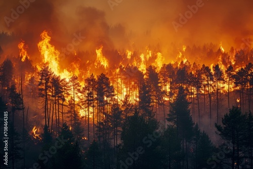 A forest fire burns bright orange in the background, engulfing trees.