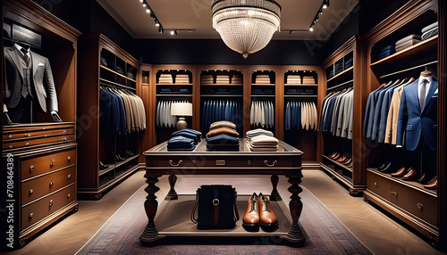 Photo of an antique interior of a boutique shop with a luxury men's wardrobe filled with expensive suits, shoes and other clothing photo