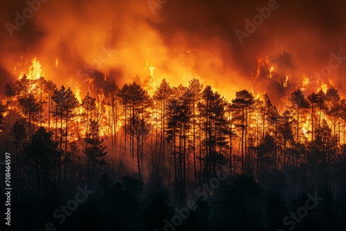 A forest fire burns bright orange in the background  engulfing trees.