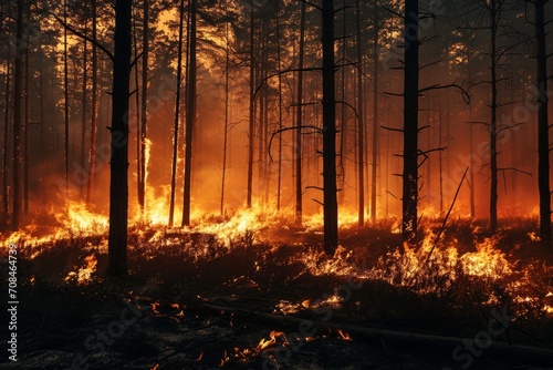 A forest fire burns bright orange in the background  engulfing trees.