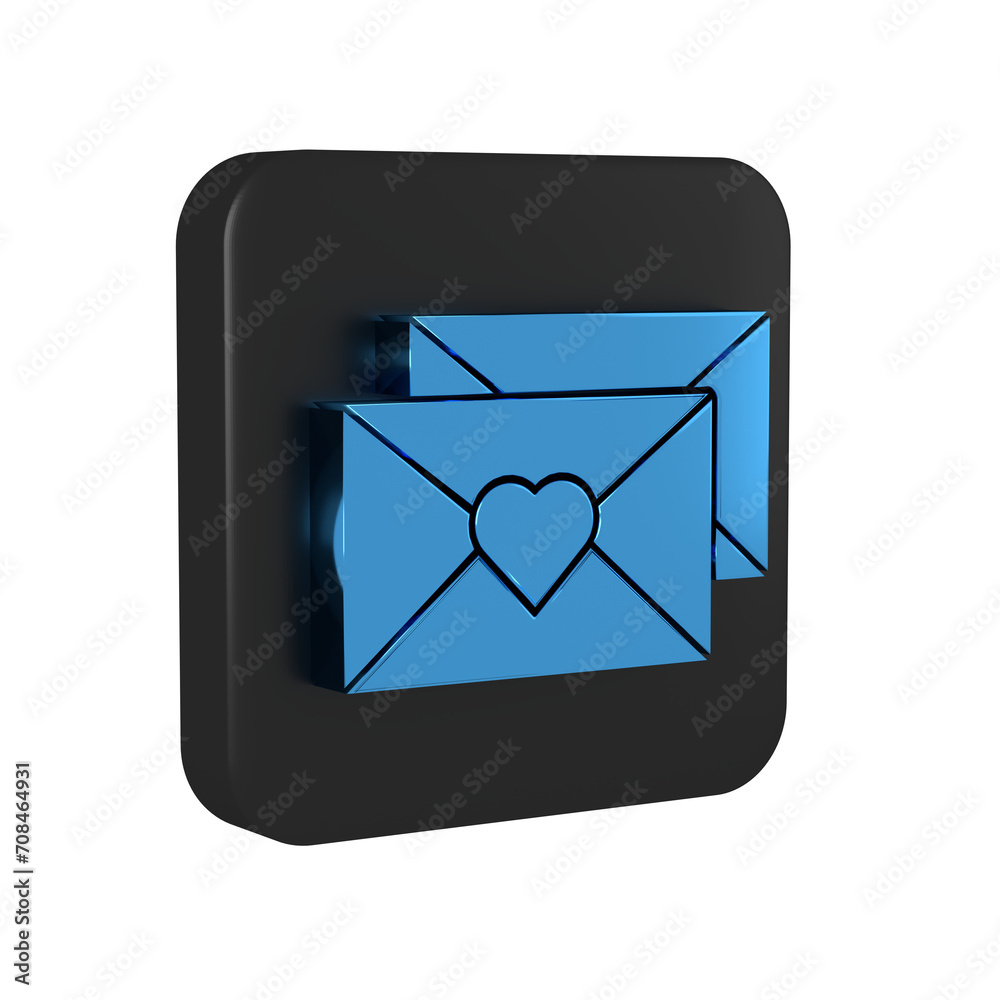 Blue Envelope with Valentine heart icon isolated on transparent background. Message love. Letter love and romance. Black square button.