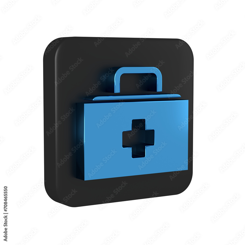Blue First aid kit icon isolated on transparent background. Medical box with cross. Medical equipment for emergency. Healthcare concept. Black square button. Blue First aid kit icon isolated on transparent background. Medical box with cross. Medical equipment for emergency. Healthcare concept. Black square button.