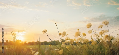 Field of wildflowers at sunset photo