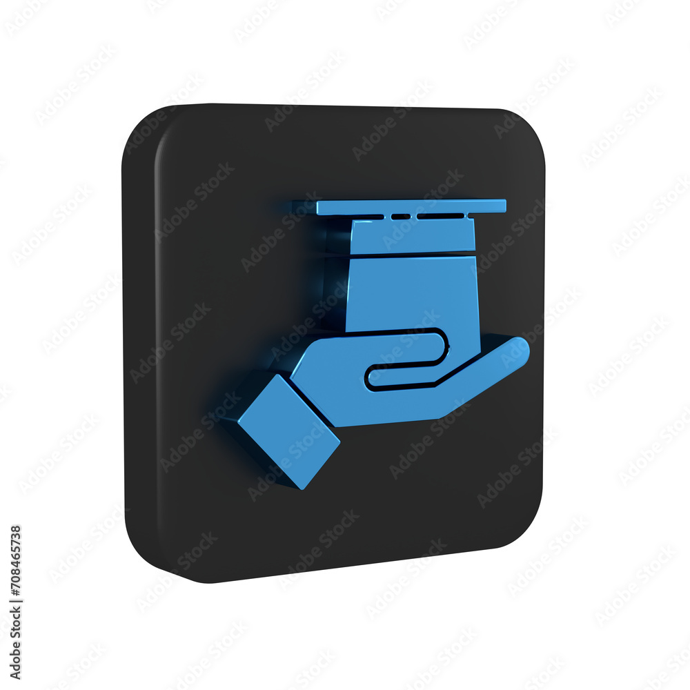 Blue Magician hat in hand icon isolated on transparent background. Magic trick. Mystery entertainment concept. Black square button. Blue Magician hat in hand icon isolated on transparent background. Magic trick. Mystery entertainment concept. Black square button.
