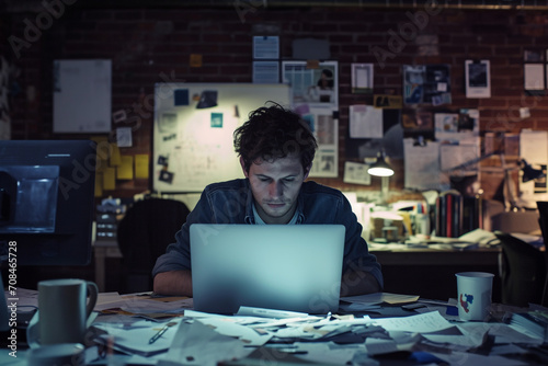 A young online businessman, late 20s, hunches over a laptop in a dimly lit co-working space, illuminated only by the screen’s blue glow. professional people- capture the world of work concept.