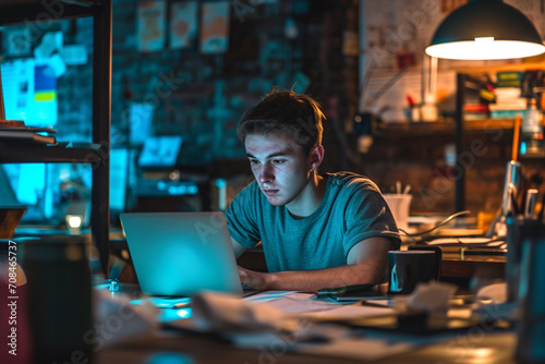 A young online businessman, late 20s, hunches over a laptop in a dimly lit co-working space, illuminated only by the screen’s blue glow. professional people- capture the world of work concept.