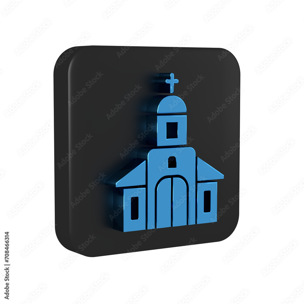 Blue Church building icon isolated on transparent background. Christian Church. Religion of church. Black square button.