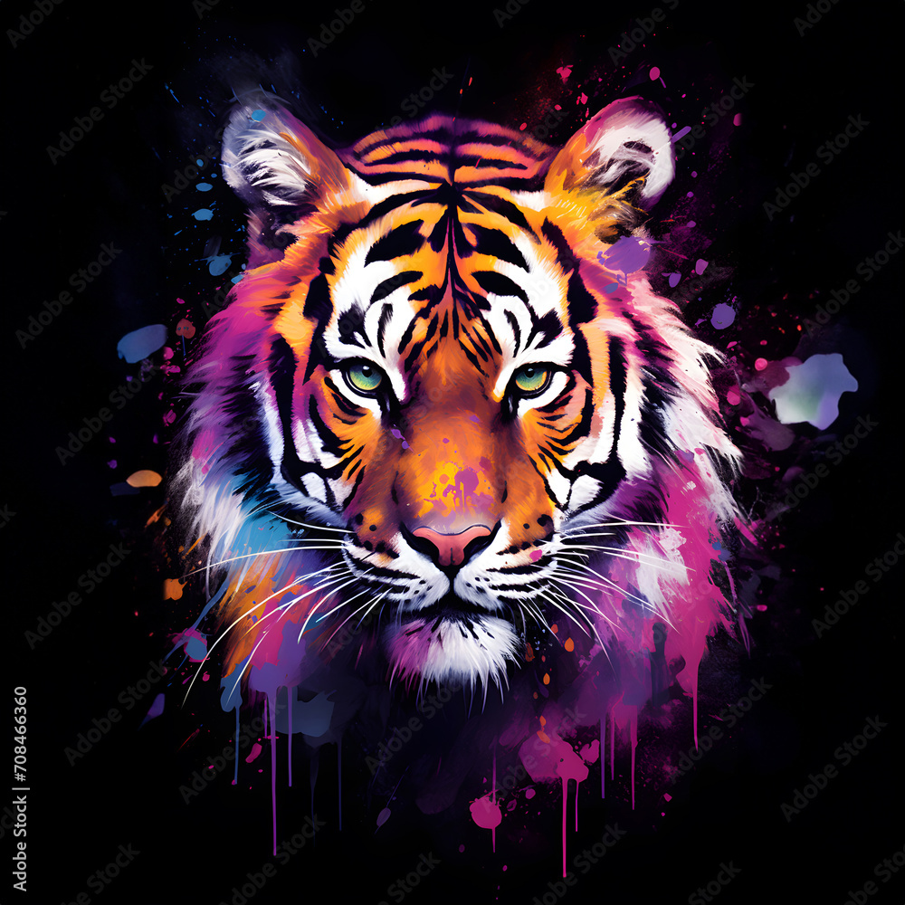 (a cute tiger), Hyperdetailed Eyes, Tee-Shirt Design, Line Art, Black Background, Ultra Detailed Artistic, Detailed Gorgeous Face, Natural Skin, Water Splash, Colour Splash Art, Fire and Ice, Splatter
