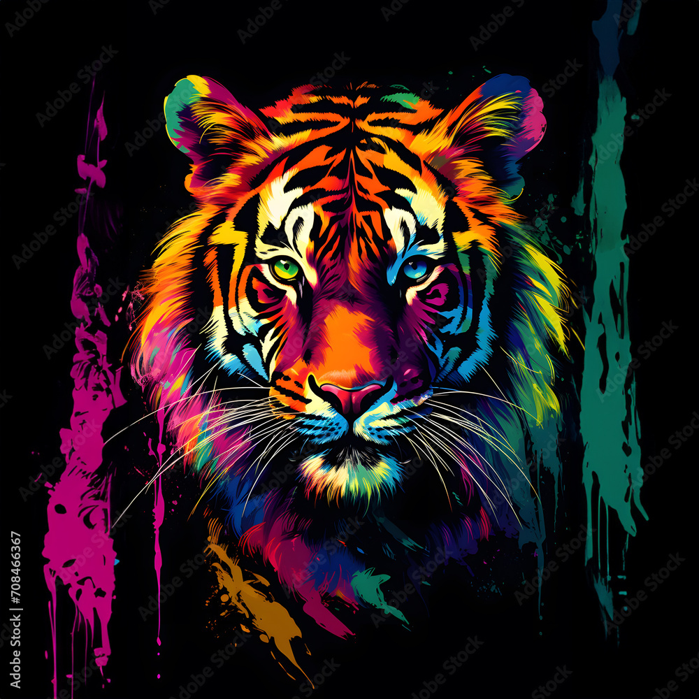 (a cute tiger), Hyperdetailed Eyes, Tee-Shirt Design, Line Art, Black Background, Ultra Detailed Artistic, Detailed Gorgeous Face, Natural Skin, Water Splash, Colour Splash Art, Fire and Ice, Splatter
