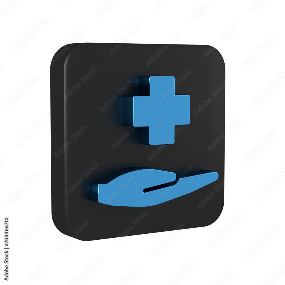 Obraz premium Blue Cross hospital medical icon isolated on transparent background. First aid. Diagnostics symbol. Medicine and pharmacy sign. Black square button.