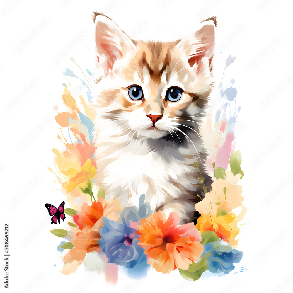 Close-up of the face of a multi-colored cat with multi-colored fur..Watercolor paints. Close-up of the face of a multi-colored cat with multi-colored fur..Watercolor paints.