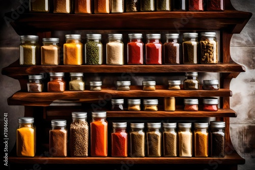 A well-arranged spice rack with jars of exotic spices, enhancing the flavors of any dish.