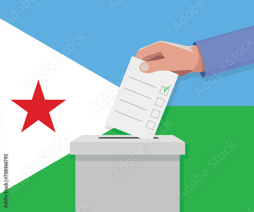 Djibouti election concept. Hand puts vote bulletin