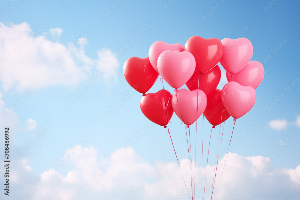 Red heart-shaped balloons floating in the sky.