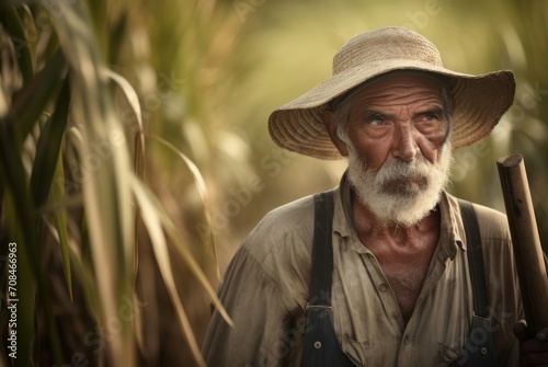 Senior farmer in sugarcane field. Farming worker in rural sugarcane plantation. Generate ai photo