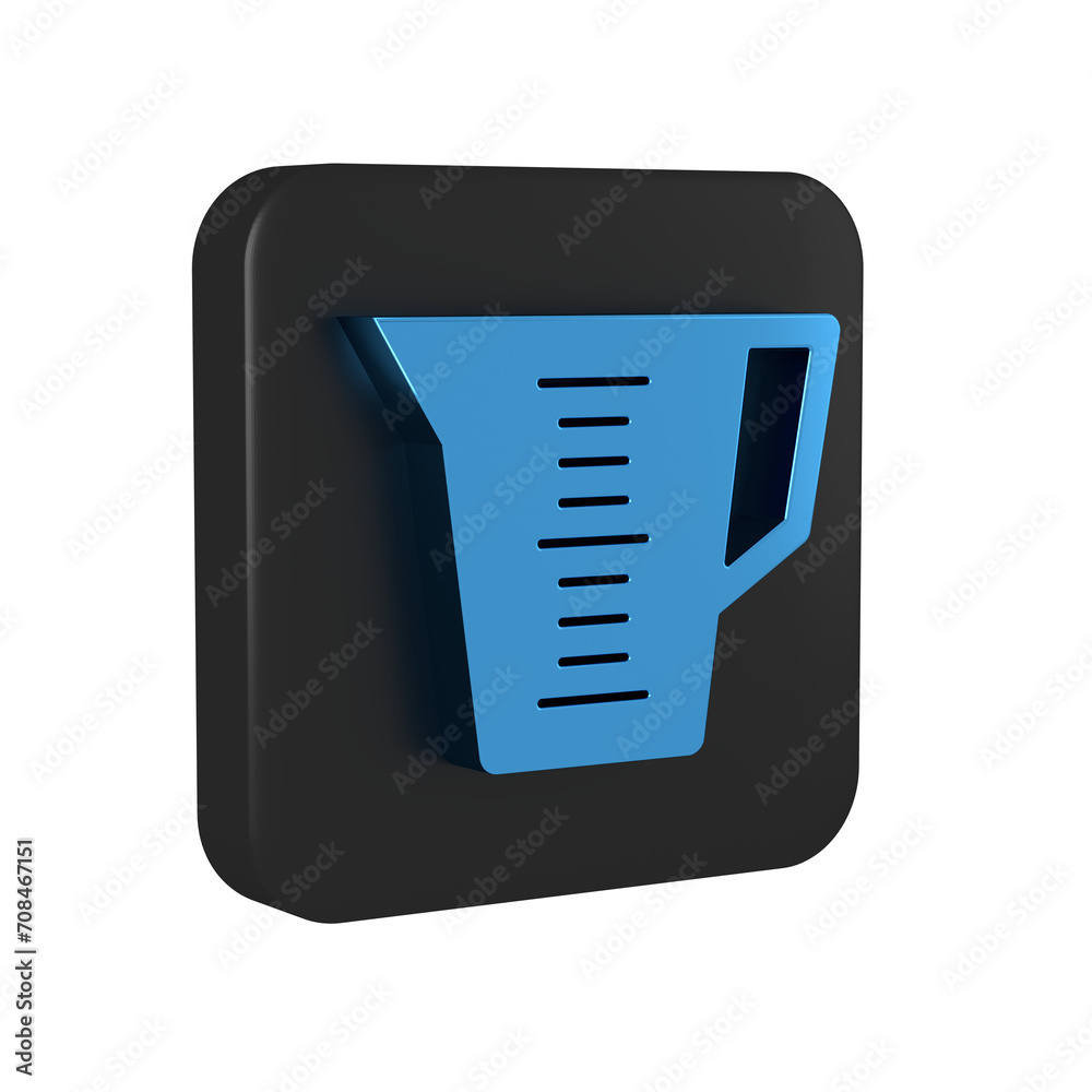 Blue Measuring cup to measure dry and liquid food icon isolated on transparent background. Plastic graduated beaker with handle. Black square button. Blue Measuring cup to measure dry and liquid food icon isolated on transparent background. Plastic graduated beaker with handle. Black square button.