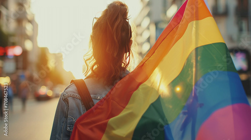 Rear view of woman with a rainbow flag, LGBT concept. protest. City.