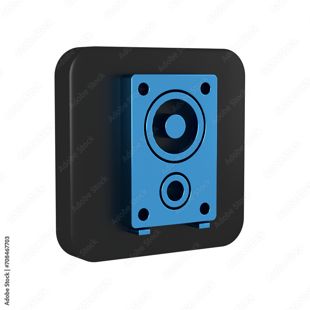 Blue Stereo speaker icon isolated on transparent background. Sound system speakers. Music icon. Musical column speaker bass equipment. Black square button. Blue Stereo speaker icon isolated on transparent background. Sound system speakers. Music icon. Musical column speaker bass equipment. Black square button.
