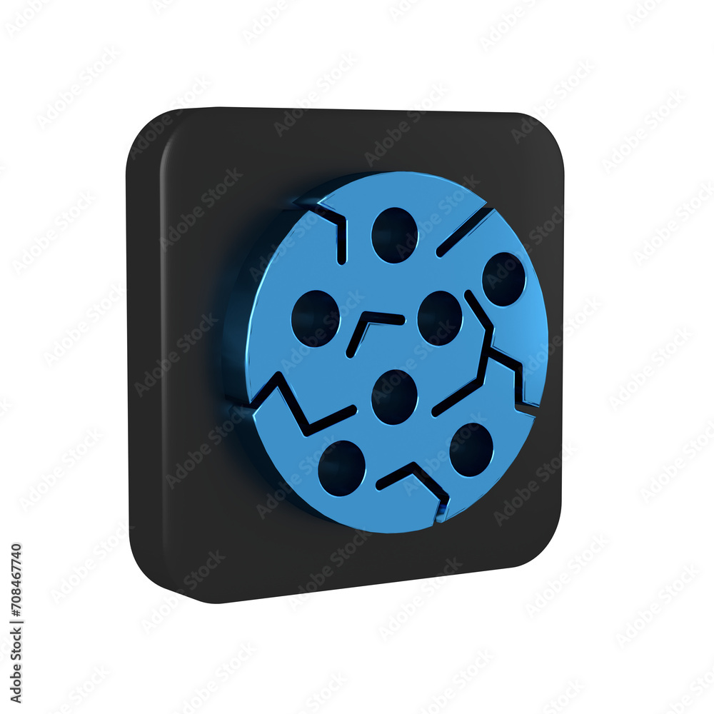 Blue Cookie or biscuit with chocolate icon isolated on transparent background. Black square button. Blue Cookie or biscuit with chocolate icon isolated on transparent background. Black square button.
