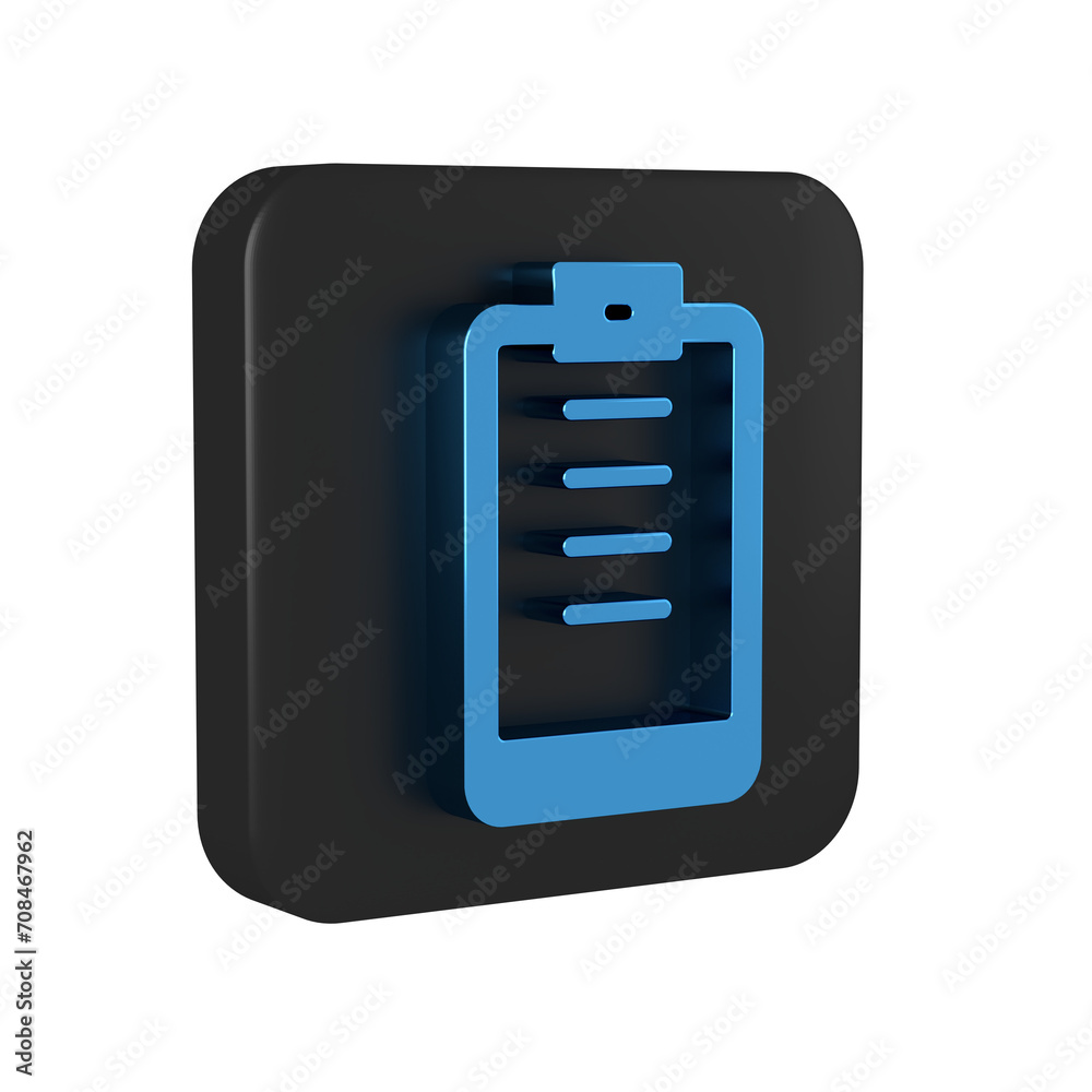 Blue Clipboard with checklist icon isolated on transparent background. Control list symbol. Survey poll or questionnaire feedback form. Black square button. Blue Clipboard with checklist icon isolated on transparent background. Control list symbol. Survey poll or questionnaire feedback form. Black square button.