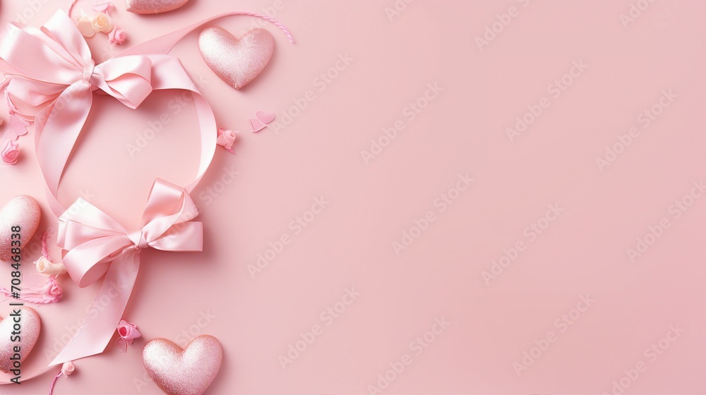 Romantic Valentine's Day Decorations - Top View Photo of Curly Silk Ribbon, Hearts, Small Gift Boxes, and Letters on Pastel Pink Background. Copy-Space for Love Messages and Promotions