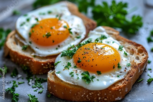 A white plate topped with two pieces of toast with fried eggs on top, garnished with parsley.