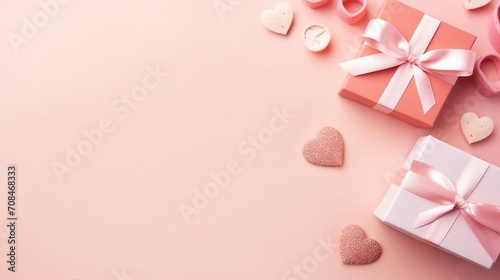 Romantic Valentine s Day Decorations - Top View Photo of Curly Silk Ribbon  Hearts  Small Gift Boxes  and Letters on Pastel Pink Background. Copy-Space for Love Messages and Promotions