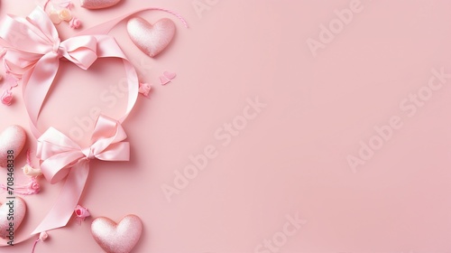 Romantic Valentine's Day Decorations - Top View Photo of Curly Silk Ribbon, Hearts, Small Gift Boxes, and Letters on Pastel Pink Background. Copy-Space for Love Messages and Promotions © Pasinee