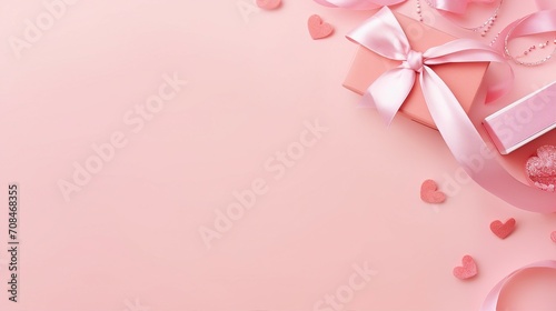 Romantic Valentine's Day Decorations - Top View Photo of Curly Silk Ribbon, Hearts, Small Gift Boxes, and Letters on Pastel Pink Background. Copy-Space for Love Messages and Promotions