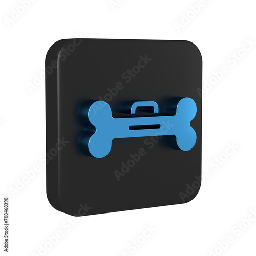 Blue Dog bone icon isolated on transparent background. Pets food symbol. Black square button.