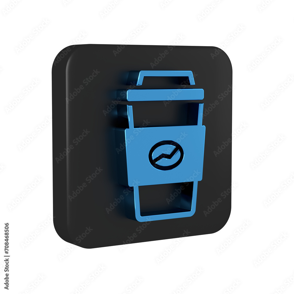 Blue Coffee cup to go icon isolated on transparent background. Black square button. Blue Coffee cup to go icon isolated on transparent background. Black square button.