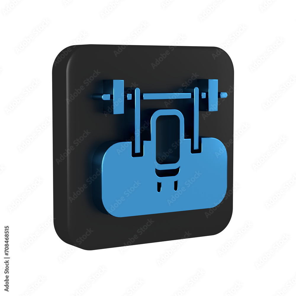 Blue Bench with barbel icon isolated on transparent background. Gym equipment. Bodybuilding, powerlifting, fitness concept. Black square button. Blue Bench with barbel icon isolated on transparent background. Gym equipment. Bodybuilding, powerlifting, fitness concept. Black square button.