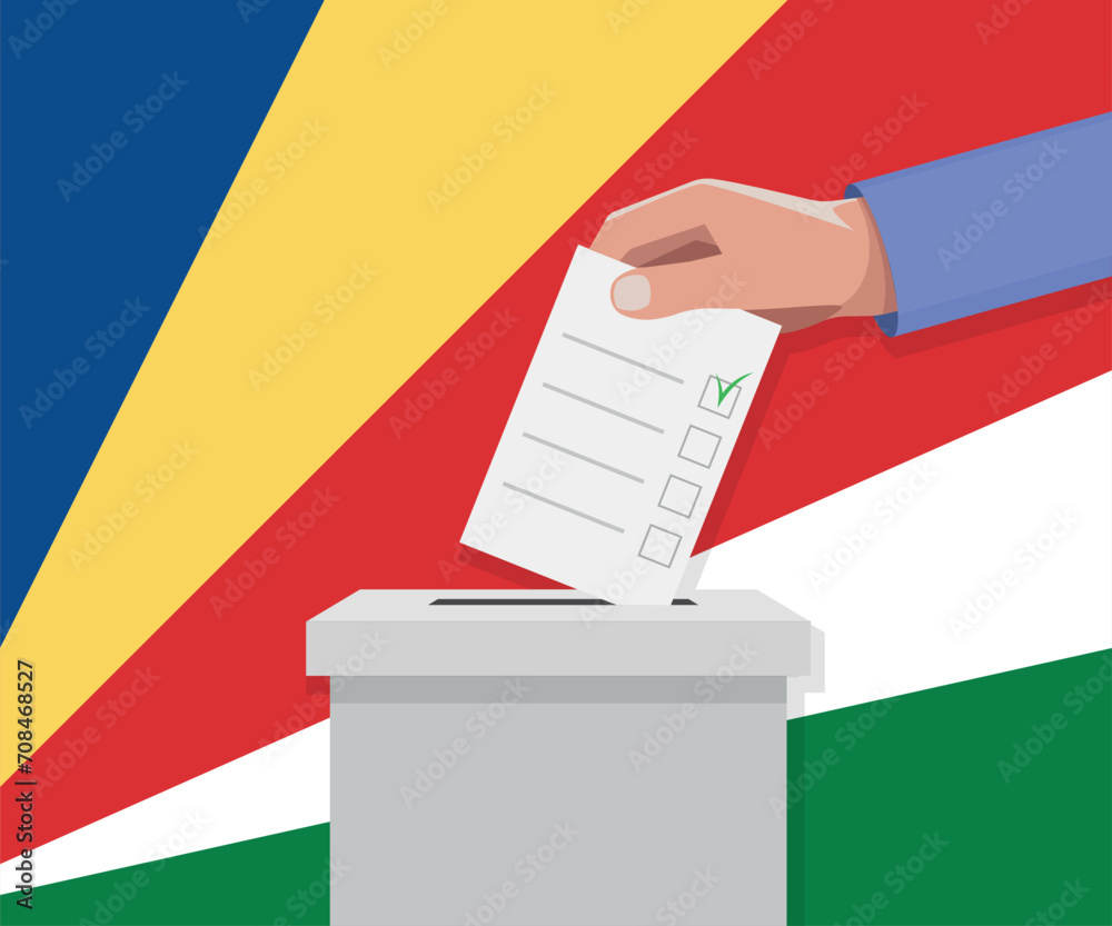 Seychelles election concept. Hand puts vote bulletin Seychelles election concept. Hand puts vote bulletin