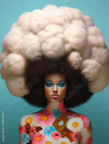 hyperrealistic portrait of a woman with a huge afro, in the style of hip-hop culture exploration. photo