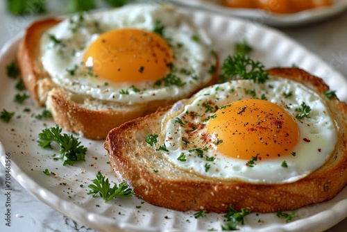 A white plate topped with two pieces of toast with fried eggs on top, garnished with parsley.