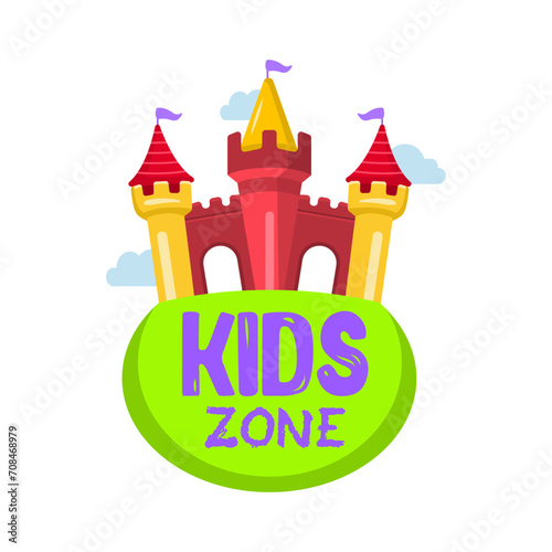 Bouncy castle cartoon logo. Kids zone concept. Children Playground sign.