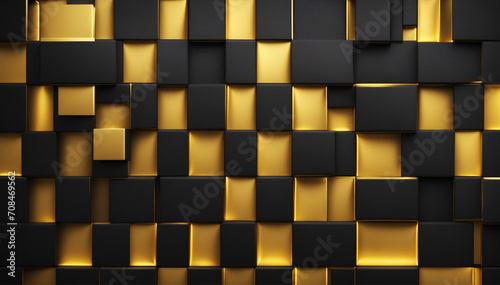 squares textured black abstract background with yellow gold streaks. 3d illustration, render.