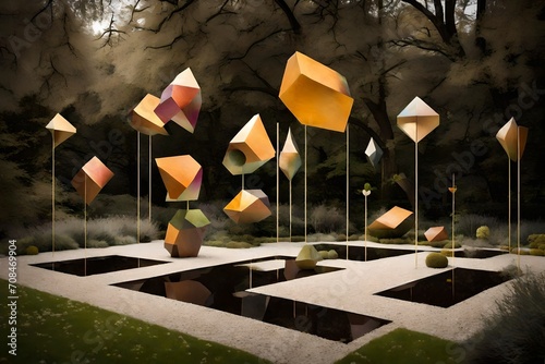 A conceptual garden with floating geometric sculptures that react to the changing weather and seasons.