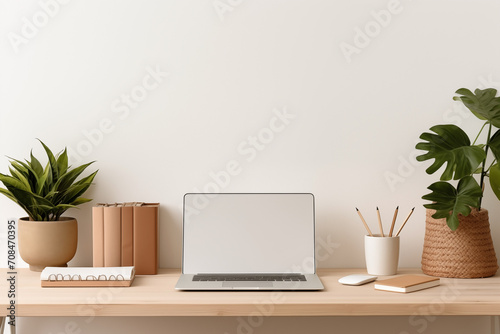 Laptop on a desk in home office. Technology, business and work from home concept. Free space