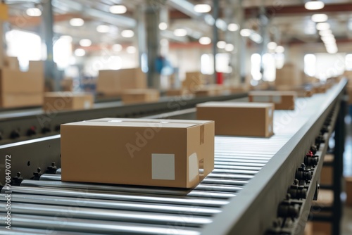 A cardboard box on a conveyor belt in a large warehouse.