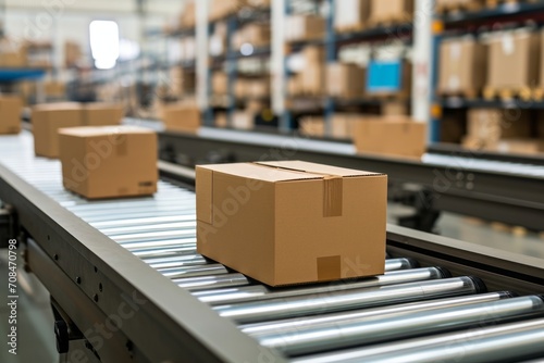 A cardboard box on a conveyor belt in a large warehouse. © IMAGE
