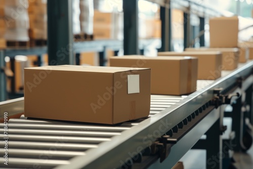 A cardboard box on a conveyor belt in a large warehouse.