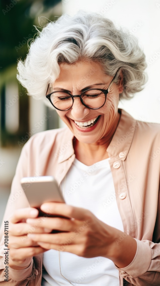 A senior woman looking at the smartphone and laughing closeup. A senior woman looking at the smartphone and laughing closeup.