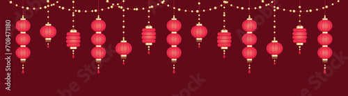 Hanging Chinese Lanterns Banner Border, Lunar New Year and Mid-Autumn Festival Graphic