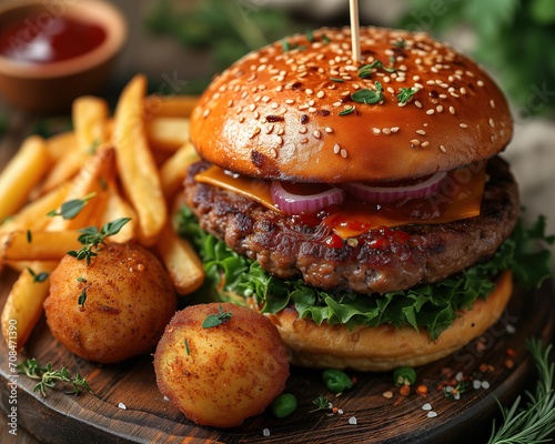 A juicy, mouth-watering mega hamburger. Fast food poster