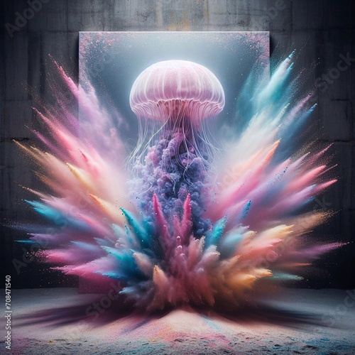 powder exploding forming gellyfish. AI generated illustration photo