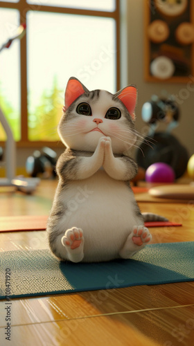 Cute cat enjoying a zen moment on a yoga mat. © Лариса Люндовская