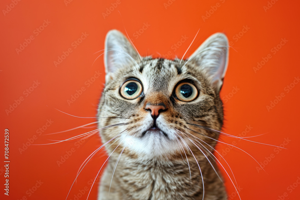 Adorable Amazed Tabby Cat with Wide Eyes on Orange Background